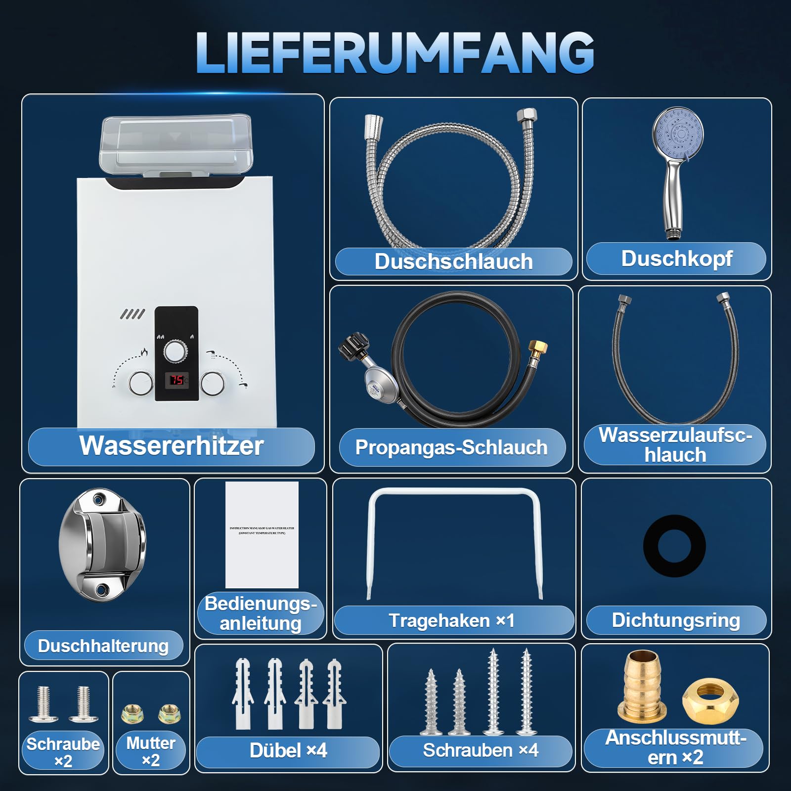 Propan Gas-Durchlauferhitzer, 4,74 GPM 18L tragbar, LPG Durchlauferhitzer mit Digitalanzeige und Mehrfachschutz, Tankloser Outdoor-Durchlauferhitzer für Wohnmobil & Camping