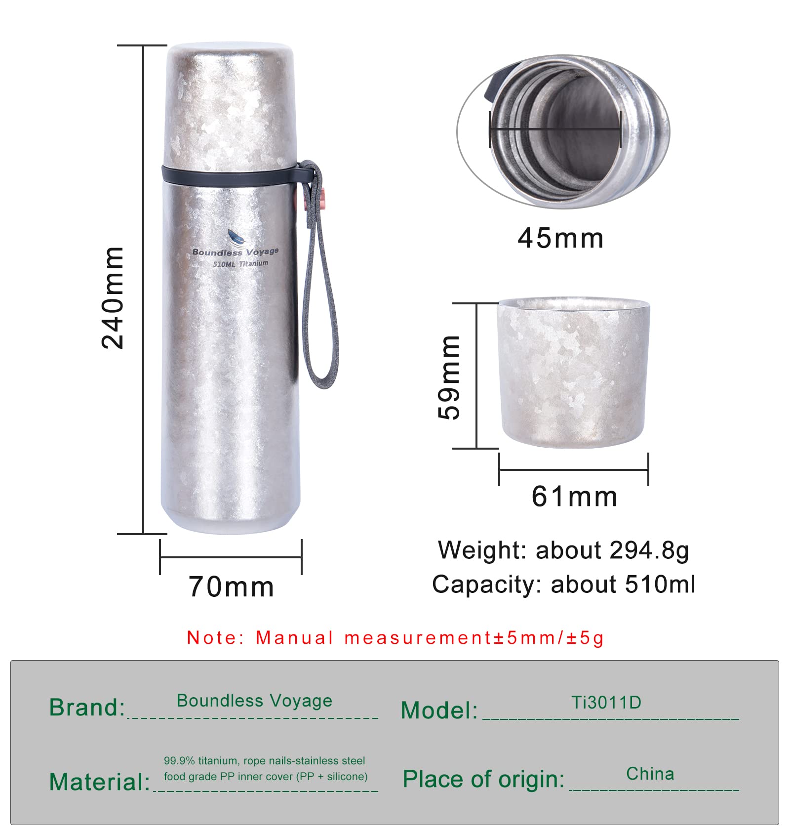 Boundless Voyage Ti3011D - Borraccia in titanio, isolata sotto vuoto, con coperchio a tazza, mantiene calda o fredda (510 ml)