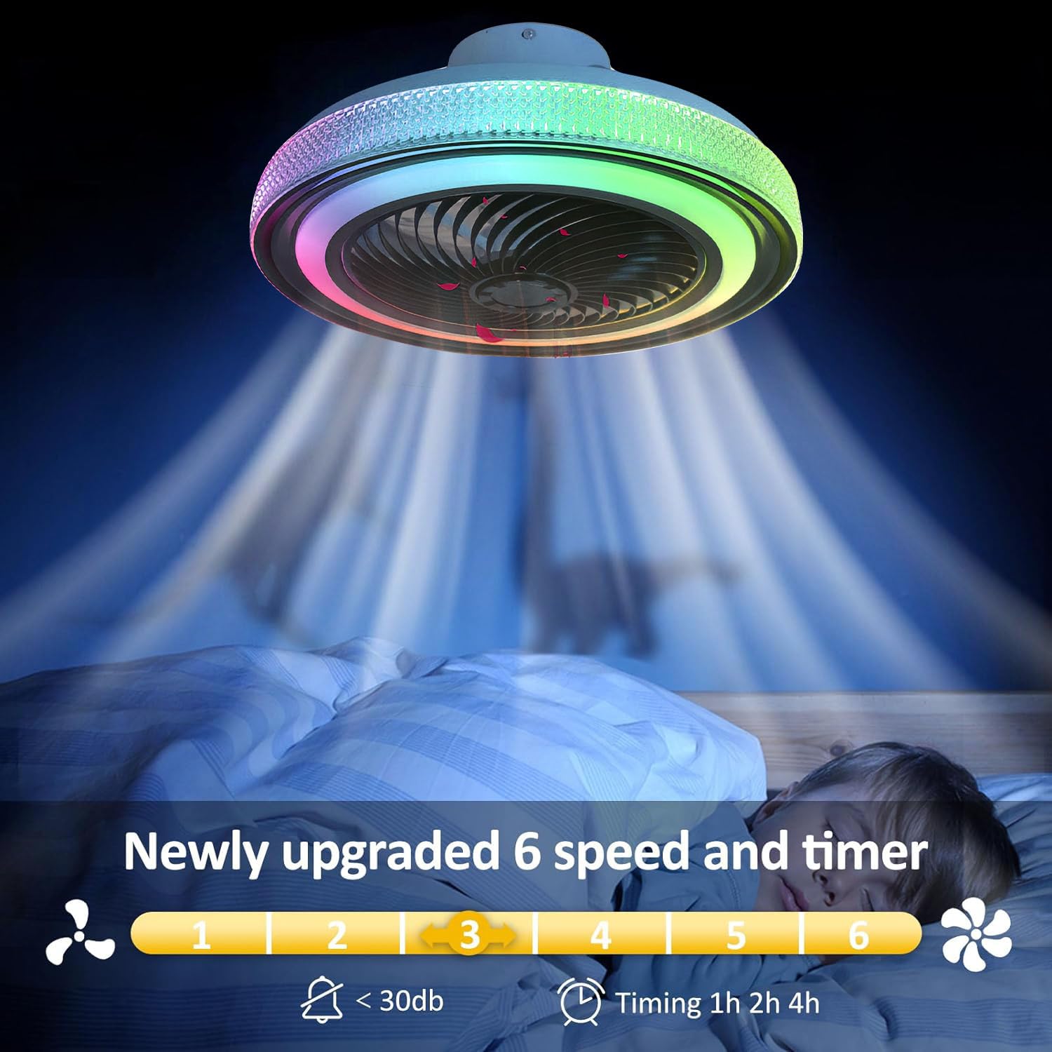 LED Dimmerabile Fan Plafoniera con Bluetooth Altoparlante RGB Ventilatore da soffitto silenzioso con luce e Telecomando Regolabile per Bambini Camera da Letto Soggiorno Sala da Pranzo Illuminazione