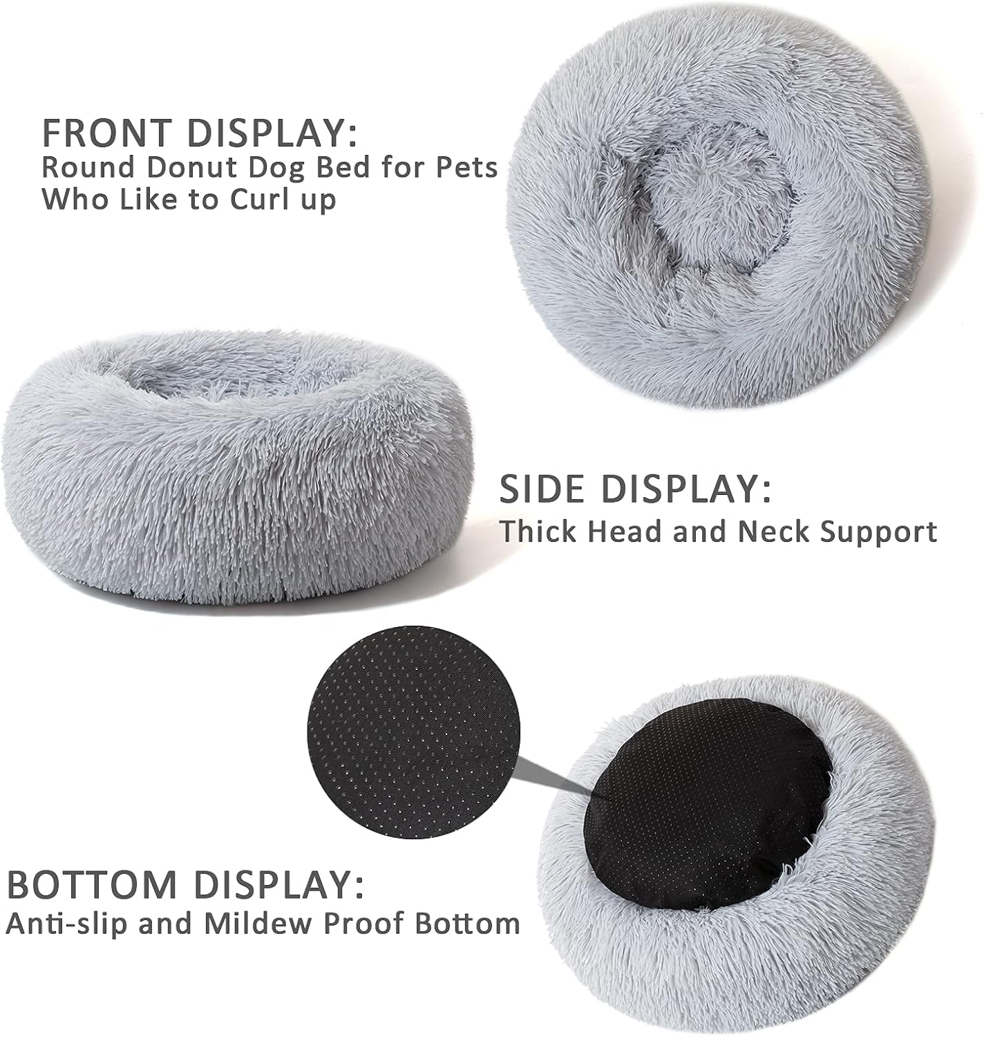 DanceWhale Cat Calming Bed, Donut Plush Round Dog Bed for Small Medium Large Pet, Anti Anxiety Cuddler Soft Cusion Fuzzy Comfy Cat Mat for Puppy Kitten(Grey 19.7")