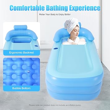 Inflatable Folding Bathtub, Portable Adult Inflatable Bath Tub, 160x84cm Large Freestanding Rectangular Outdoor Collapsible for Family Bathroom or SPA, Blue