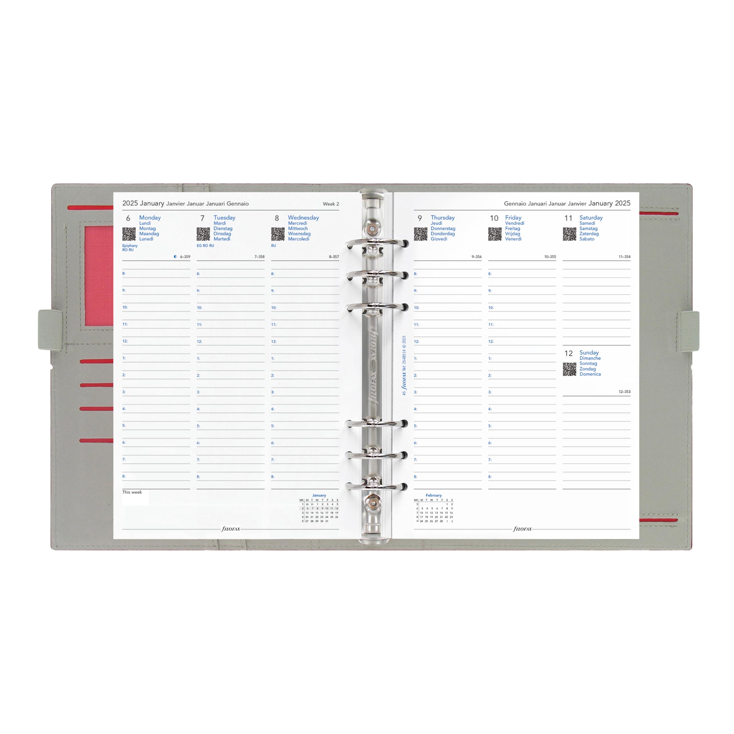 Filofax Domino Organizer, A5 Size, Red - Leather-Look With Contrast Stitching, Six Rings, Week-to-View Calendar Diary, Multilingual, 2024 ( C027872-24