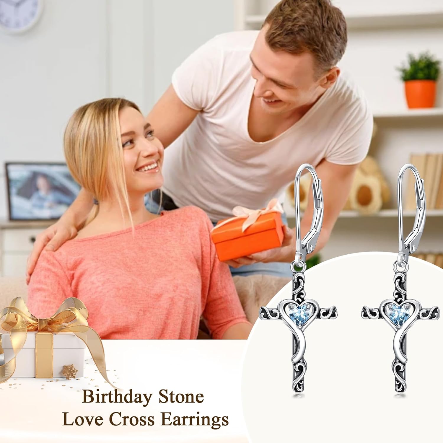 TOUPOP Birthstone Cross Earrings 925 Sterling Silver Heart Cross Dangle Drop Earrings Fine Jewelry Birthday Christmas Gifts for Women Her Girlfriend - Image 3