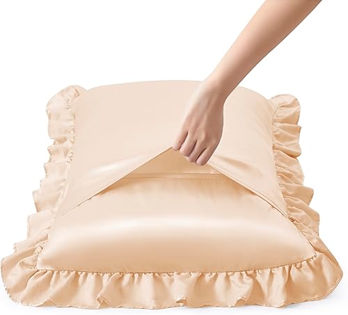 Vista 50 de Fundas de almohada de satén negro con volantes para cabello y piel, juego estándar de 2 fundas de almohada de seda negra con cierre de sobre