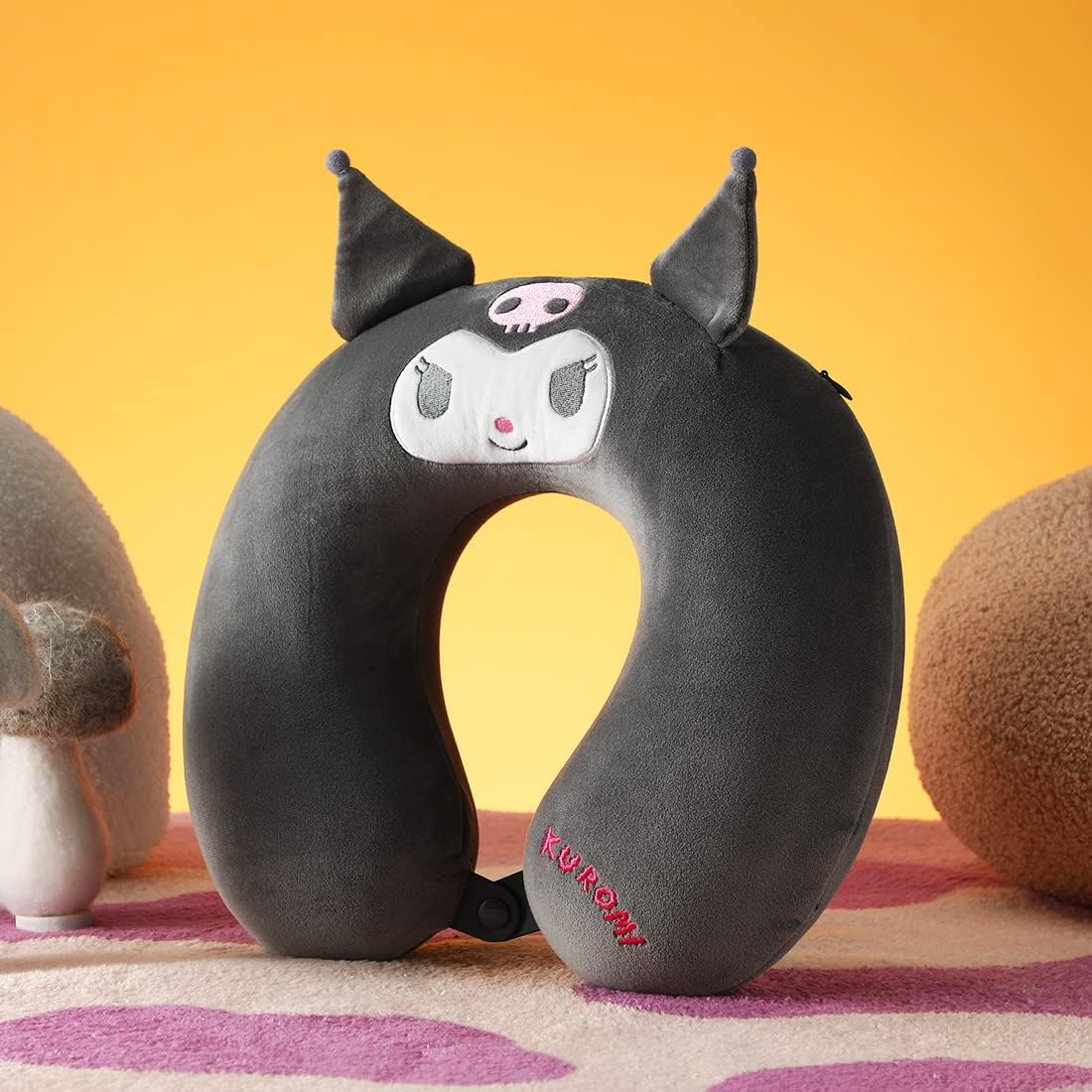Faţă view of the MINISO Sanrio Kuromi Memory Foam Neck Pillow, showing the U-shape and Kuromi character design.