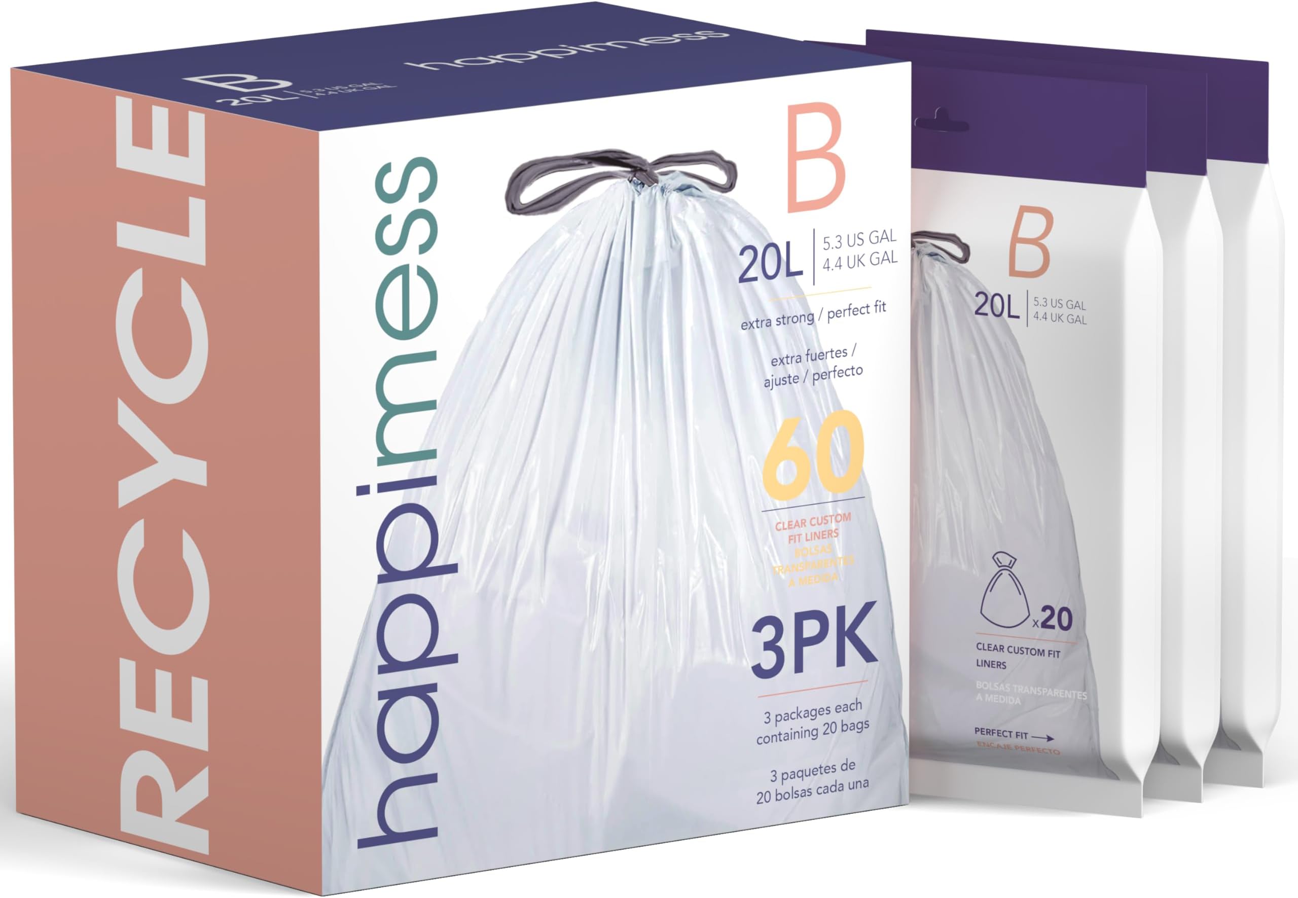 happimessHPM3000B-CLEAR 5.3 Gallon Drawstring Trash Can Liner, Clear, 60-Count, 3-Packs of 20 Liners
