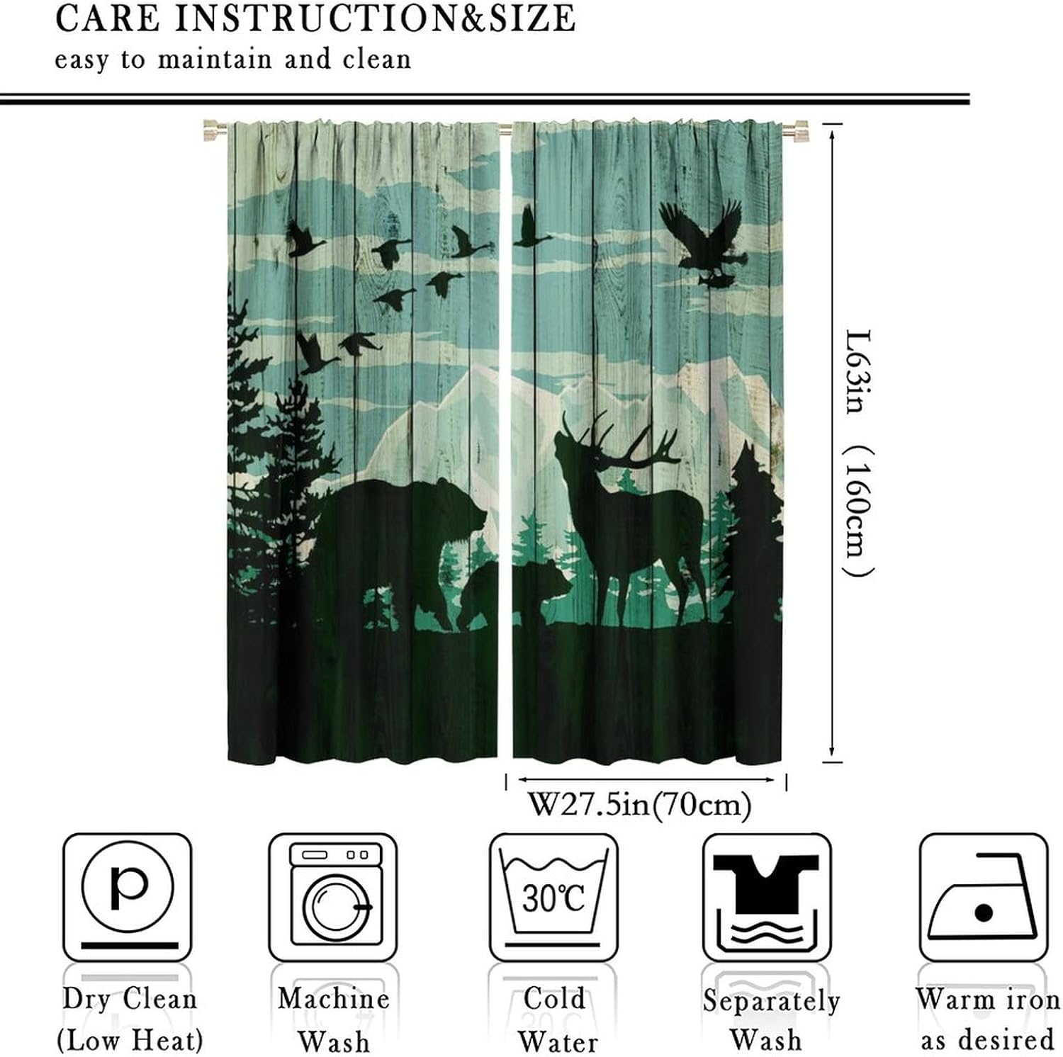 Cabin Rustic Lodge Blackout Curtains for Bedroom - Retro Forest Wildlife Animal Beer Deer Eagles on Wooden Barn Window Treatment,Rod Pocket Room Darkening Curtains 2 Panels 63L x 27.5W