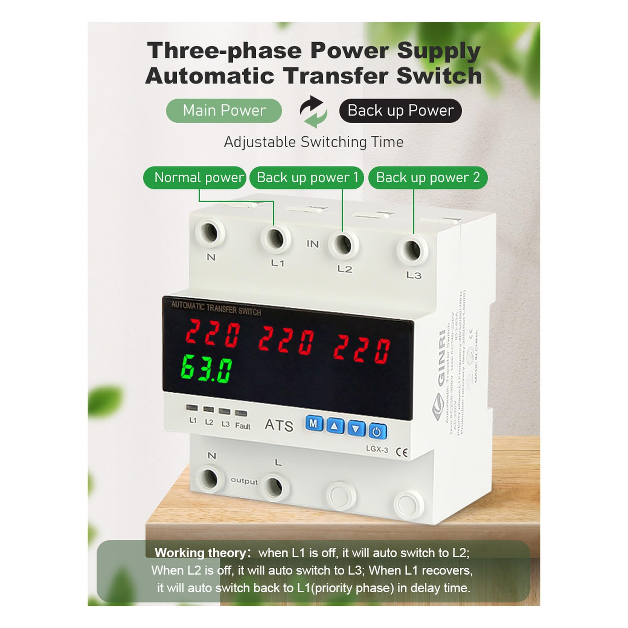 Interruptor de Transferencia Automática Trifásico ATS Solar 63A con Protector de Voltaje y Límite de Sobrecorriente – Conmutador de Fases 3F para Red y Energía Solar