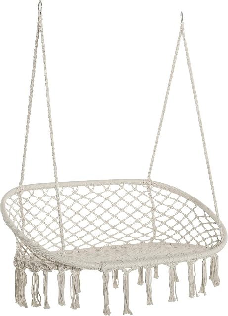 Outsunny Hanging Hammock Chair Cotton Rope Porch Swing with Metal Frame, Large Macrame Seat for Patio, Garden, Bedroom, Living Room, Cream White