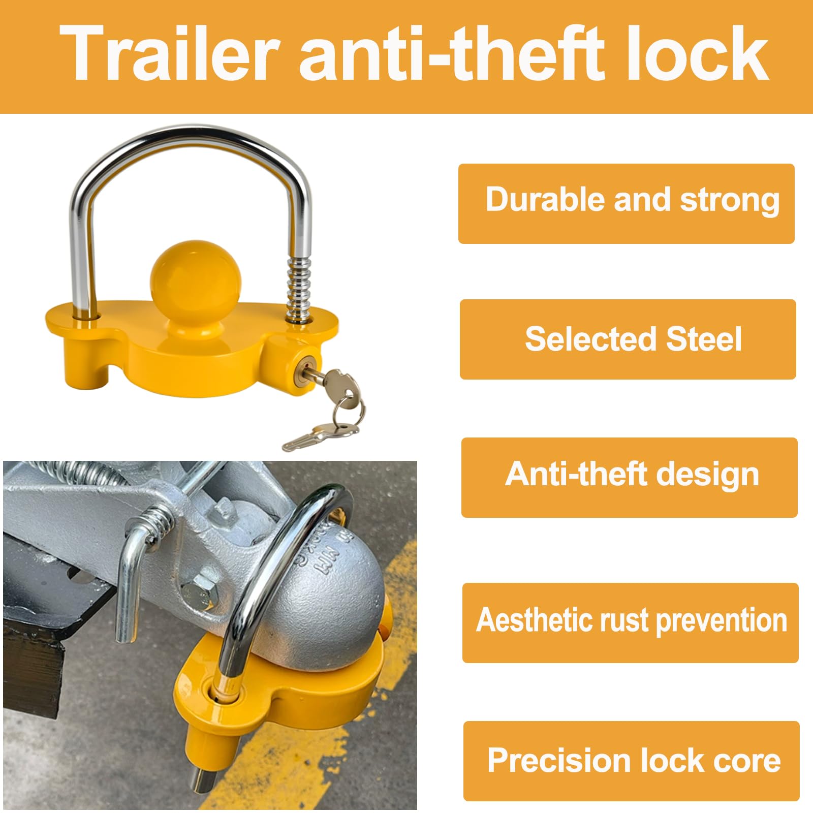 Antifurto per Rimorchio - Lucchetto Antifurto Rimorchio con 2 Chiavi, Lucchetto Antifurto Sicurezza, Serratura a Croce, Gancio di Bloccaggio a Sfera Antifurto per Auto,Caravan, Camper (Giallo)