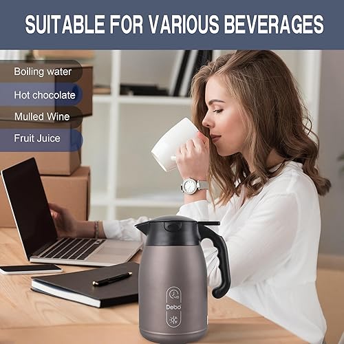 Miniatura 5 de Jarra térmica de café de 56 onzas, gran capacidad, doble pared aislada al vacío de acero inoxidable y servidor de bebidas calientes, sin BPA,