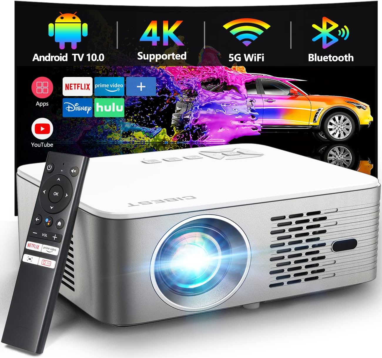Projector Built in Google Android TV, Cibest 5G WiFi Bluetooth Native