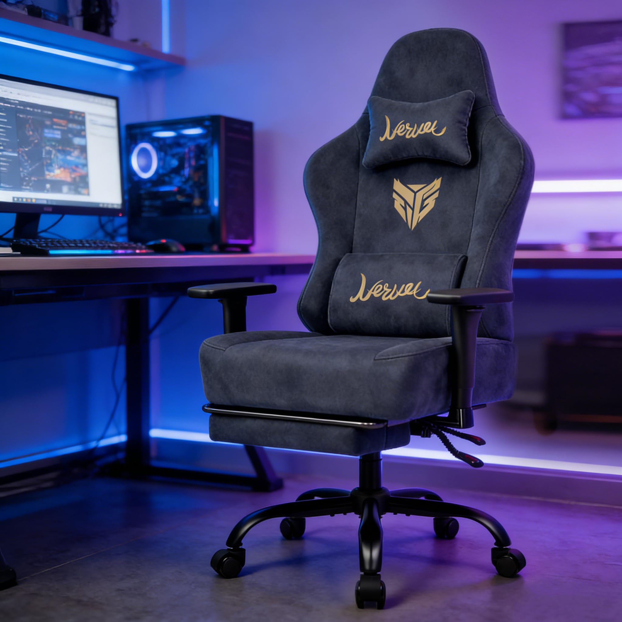 Gaming Stuhl Gamer Sessel wildlederartiger Stoff 3D-Armlehnen neigbare Rückenlehne höhenverstellbarer Sitz ausziehbare Fußstütze Lenden- & Kopfstütze 220 kg Belastbarkeit Grau