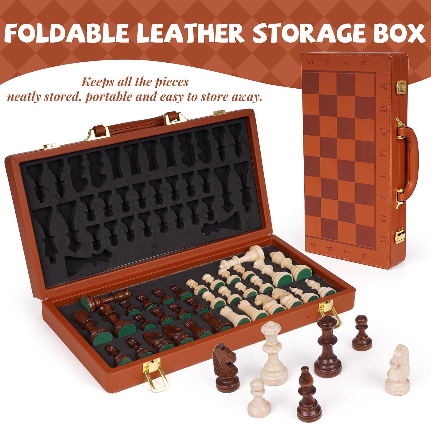 15 Inch Magnetic Chess Set with Leather Chess Board & Handle – Portable Travel Chess Game with Wooden Pieces, Strong Magnetic Board, Includes 2 Extra Queens, Classic Gift for Adults & Kids (Brown)