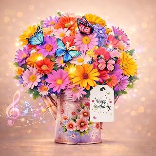 CUISH Birthday Cards with MUSIC &LIGHTS, Gerbera Daisy and Butterflies, 10 Inch Life Sized Forever Flower Bouquet 3D Pop Up Birthday Gift Card for Women Wife Mom Daughter Sister