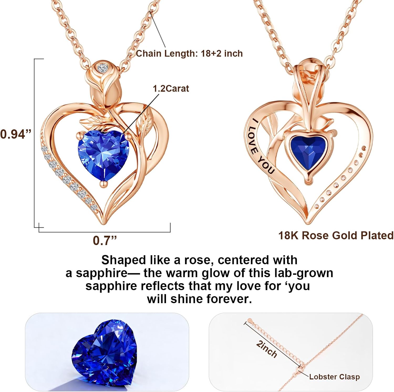 1.2CT Rose Heart Necklace Option of Moissanite or Lab-Grown Sapphire Ruby Emerald&More Necklace for Women Birthstone Girlfriend Necklace S925 Sterling Silver 18K White/Rose Gold Plated D Color VVS1 Gift for Wife Mother Daughter for Birthday Anniversary Valentine's Day Engraved 'I LOVE YOU' - Image 2