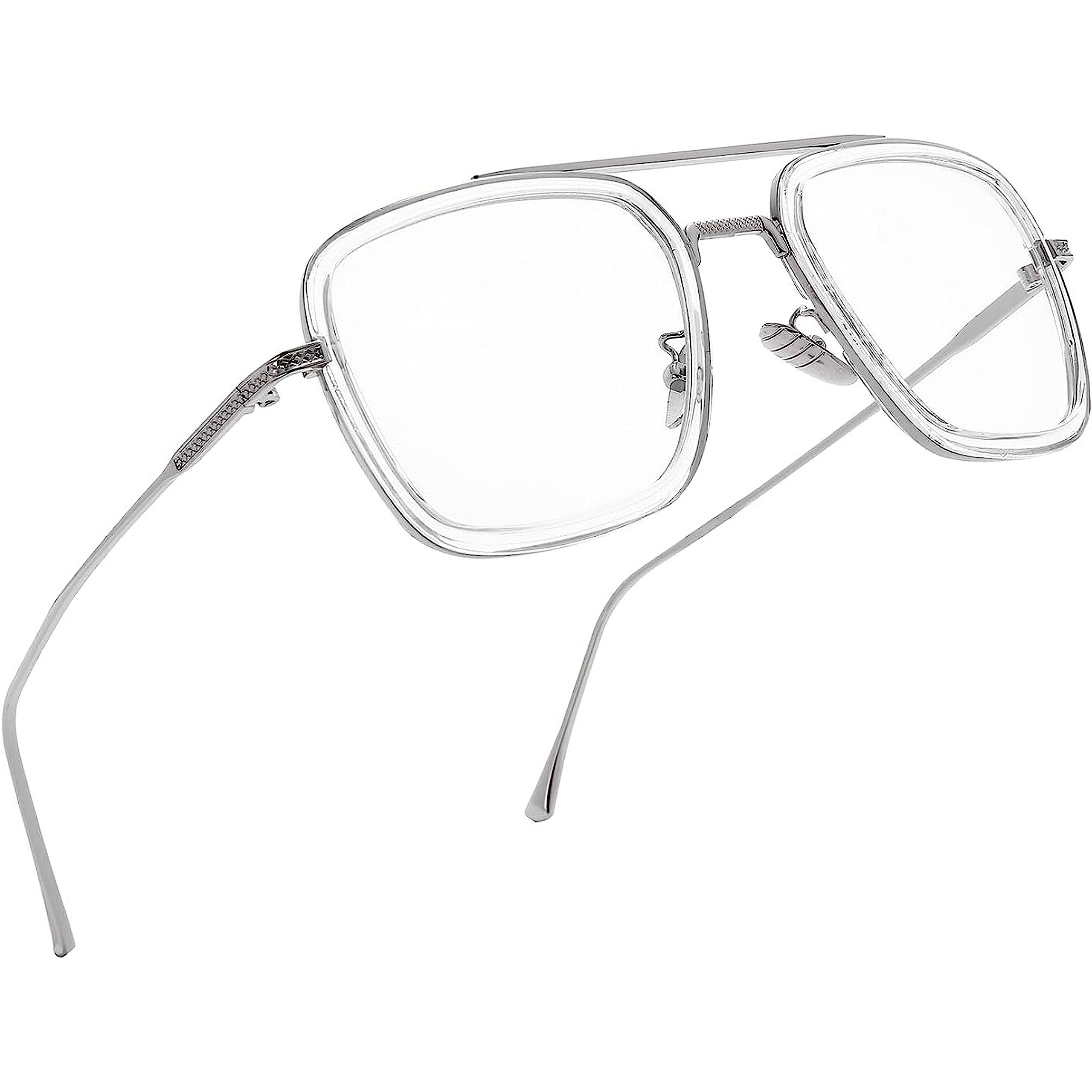 Dervin Blue Light Blocking Blue Cut Zero Power anti-glare Retro Square Eyeglasses, Tony Stark Frame for Eye Protection from UV by Computer/Tablet/Laptop/Mobile (Silver-Clear) (B0C8NDYK5X) Amazon Price History, Amazon Price Tracker