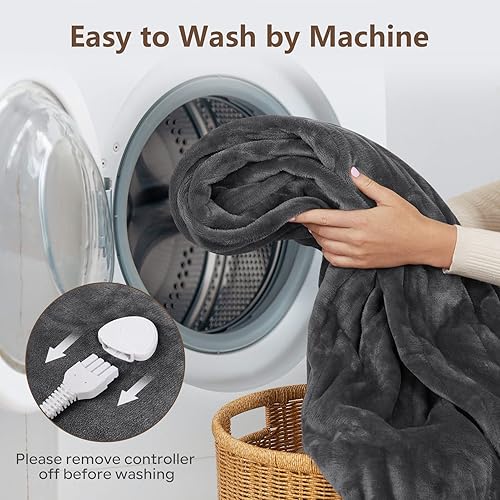 Miniatura 8 de Manta térmica eléctrica tamaño Queen con 6 niveles y apagado automático de 8 horas, manta térmica de franela ultra suave, lavable a máquina, gris