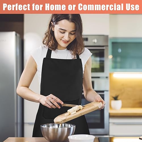 Miniatura 5 de Paquete de 12 delantales con peto, delantales negros a granel, delantales unisex lisos con 2 bolsillos, delantal negro lavable a máquina para
