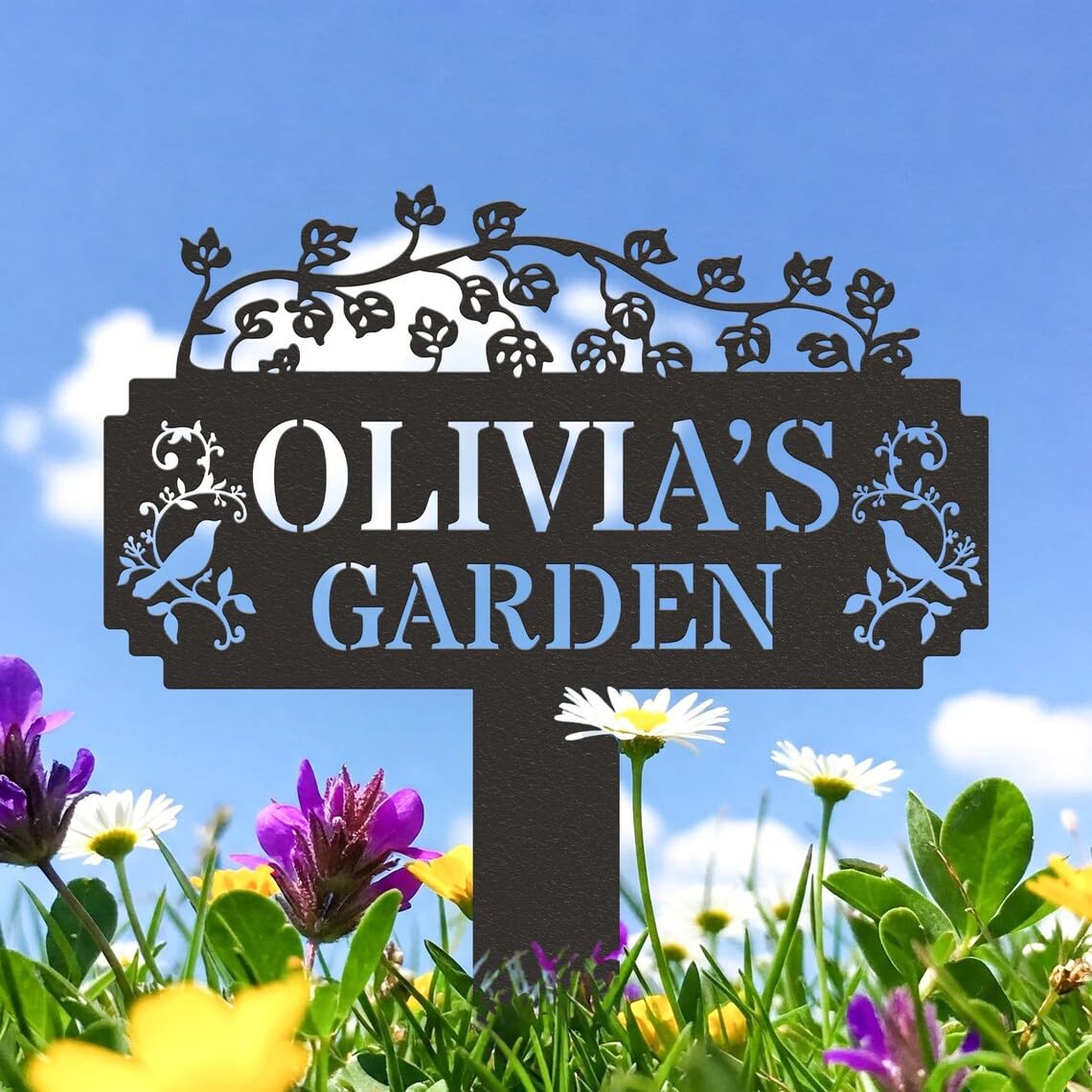 Custom Bird with Flower Garden Stake Decor, Personalised Flower Garden Signs, Cottage Engraved Name Sign, Housewarming Gift, Allotment Welcome Sign, House Signs for Outside