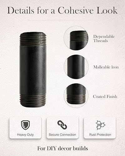 Miniatura 5 de Paquete de 10 pezones de acero maleable negro de 1/2 pulgadas x 2 pulgadas, estilo vintage industrial steampunk.