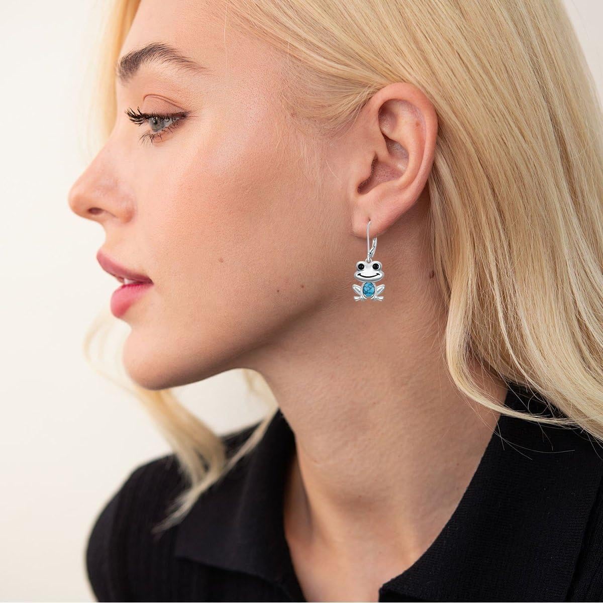 PEIMKO 925 Sterling Silver Turquoise Exquisite Frog Dangle Earrings Boho Style Drop Earrings Jewelry Gifts for Women Mother - Image 2