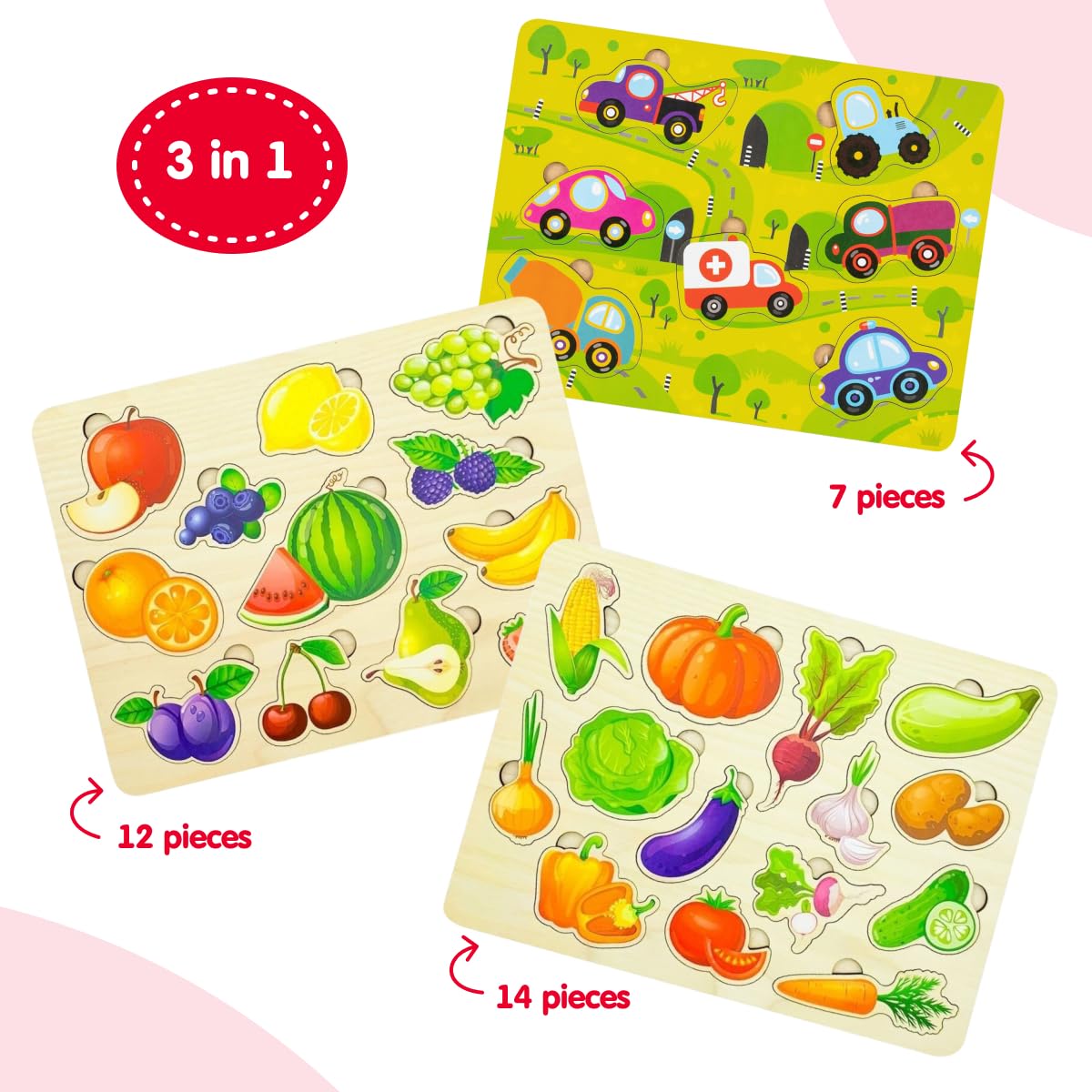 FANCY BABY Pegged Puzzles for Kids 1 2 3 4 Years, Set of 3 Natural Wood Puzzles - Image 2
