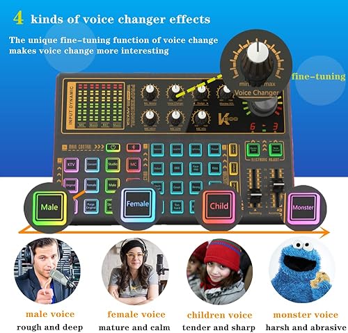 Miniatura 4 de Juego de tablero de efectos de sonido K300, tarjeta de sonido con cambio de voz de luz LED con múltiples efectos de sonido, paquete de equipo de