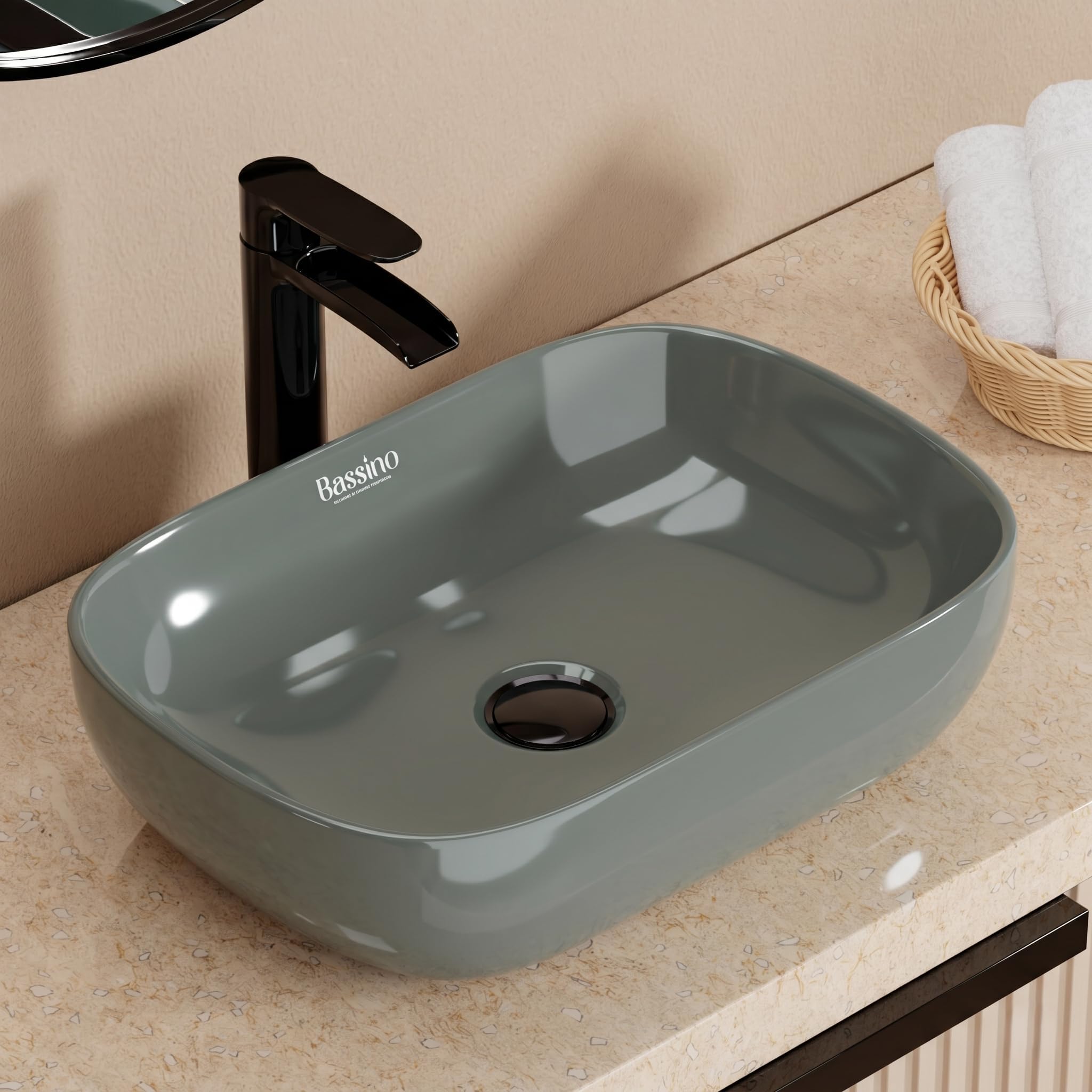 BASSINO 18x13x5.5 Inches Ceramic Counter Top Wash Basin/10 Years Glazing Warranty/Smoke Green Basin for Bathroom/Rectangular Shape Tabletop Washbasin for Restaurant/Dining Hall/Living Room(Glossy)