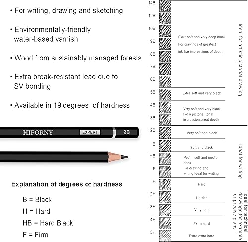Miniatura 6 de HIFORNY Juego de lápices de dibujo de grafito de 24 piezas, 14B-5H, ideal para principiantes y artistas
