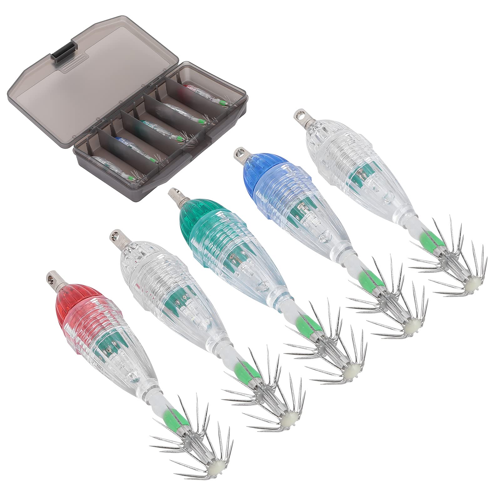POENVFPO LED Underwater Fishing Lure Light, 5PCS Flashing Night Lamp Attractive Light Bait Lure Fish Tools (with Hooks for Rear Left Right)