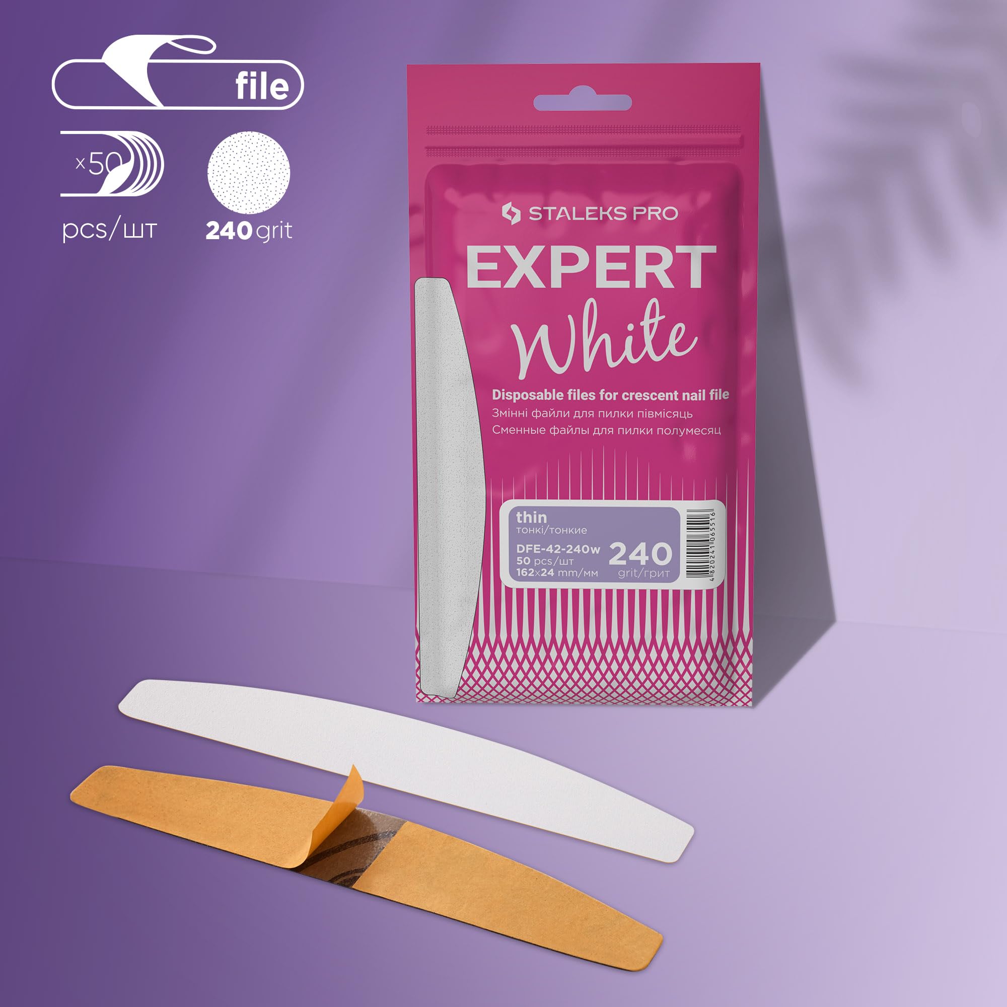 STALEKS PRO Expert 42 Disposable White Crescent Abrasives for Nail File Base (240 Grit, 50 Pcs) β Adhesive Abrasive Files for Nail Polishing & Prep (162x24mm) 2