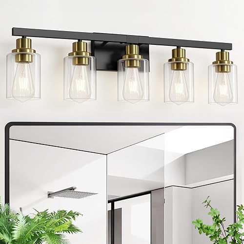Miniatura 53 de Lámpara de tocador de baño, 4 luces, moderna lámpara de pared dorada mate con pantalla de vidrio transparente, luces de pared negras, lámparas