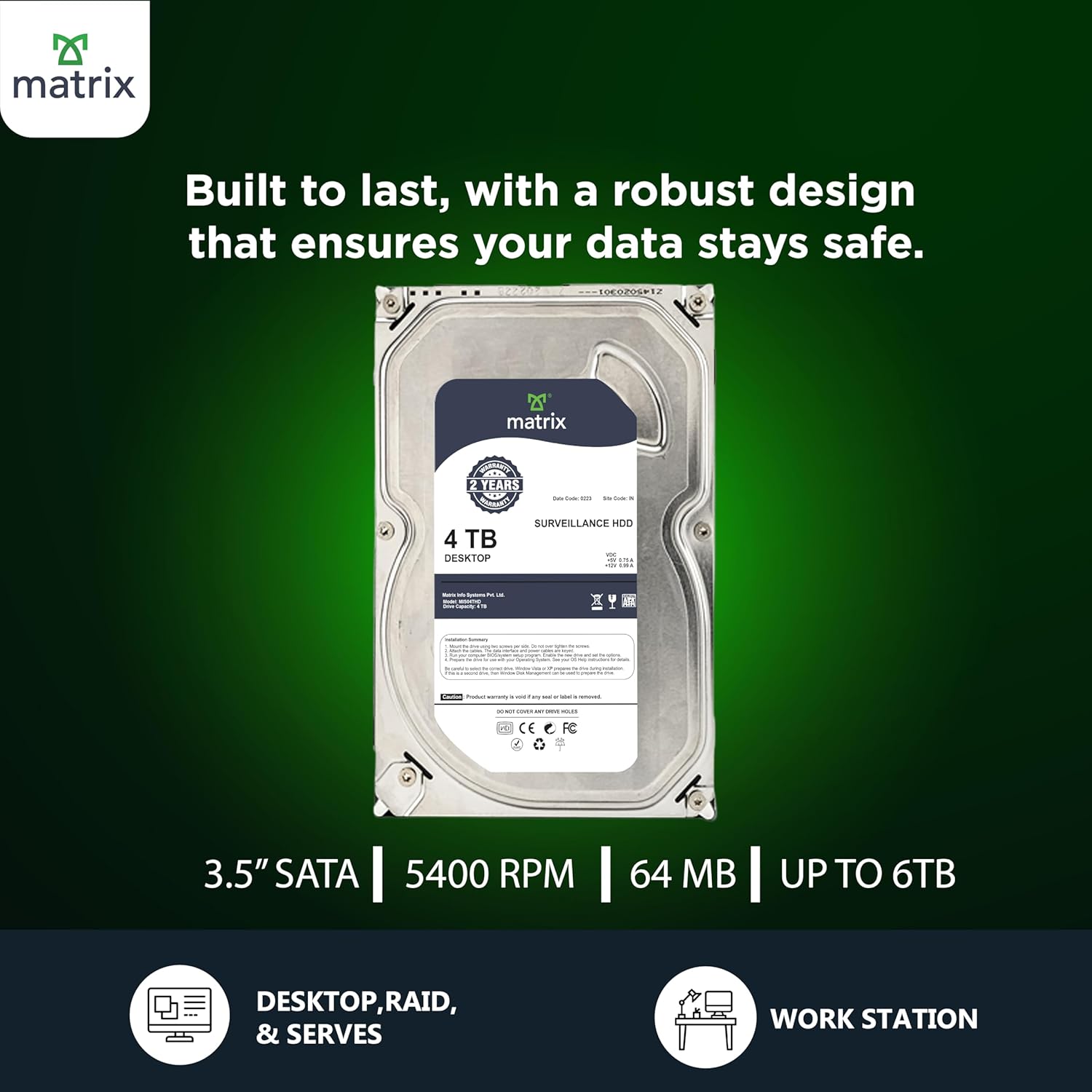 MATRIX 4TB SATA Hard Drive for Desktop (HDD) 3.5 Inch SATA 6 GB/s 7200 RPM, 2 Year Warranty