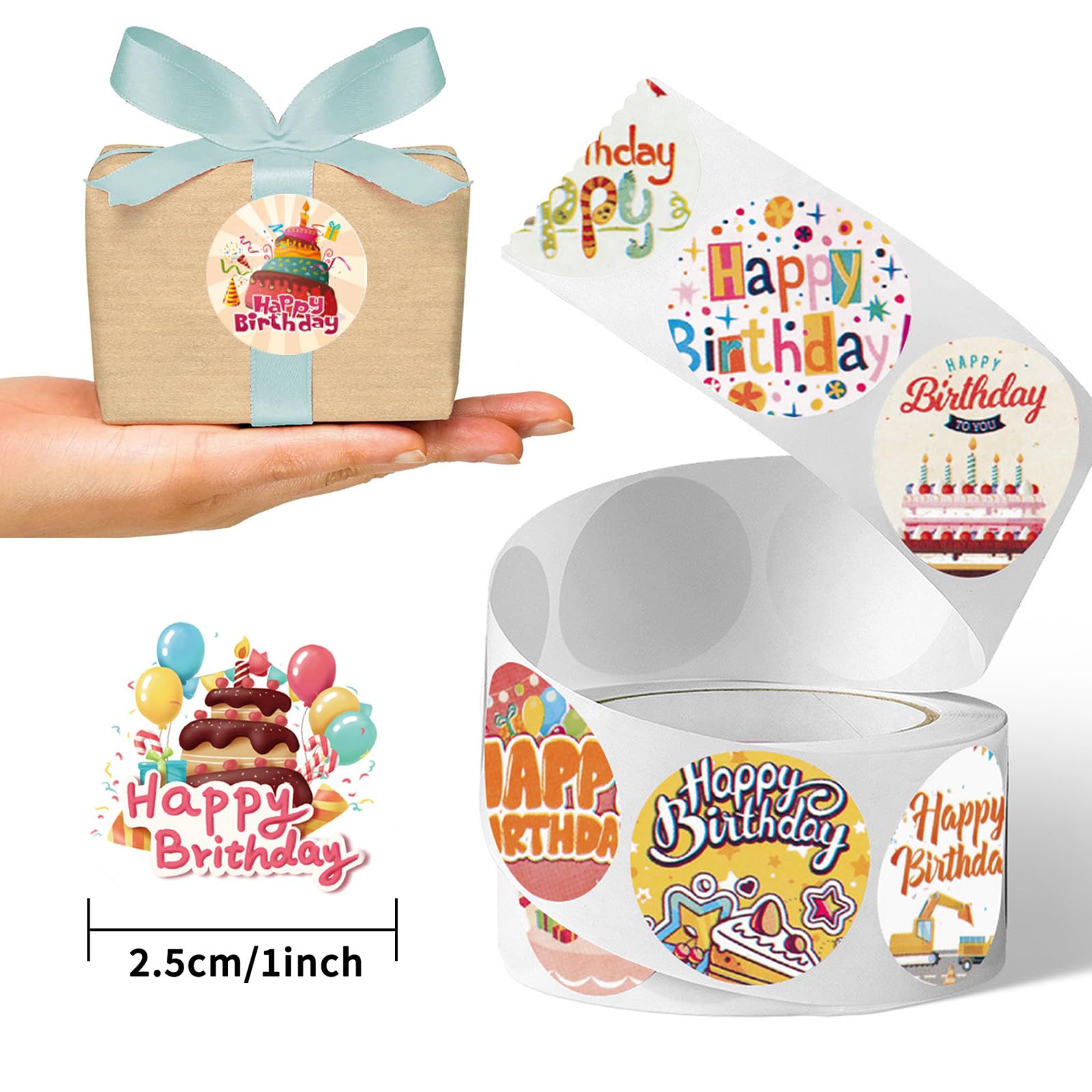 Rollo De Pegatinas De Feliz Cumpleaños, 500 Etiquetas Adhesivas Decorativas De 1 Pulgada Para Tarjetas De Sobre, Caja De Regalo De Magdalenas