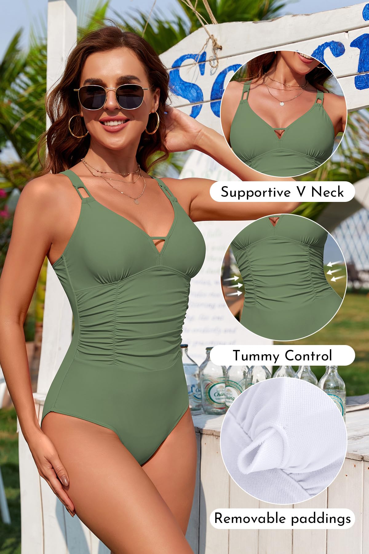 SHEKINI Costume da bagno intero da donna, con scollo a V, controllo della pancia, imbottito, increspato, con spalline regolabili