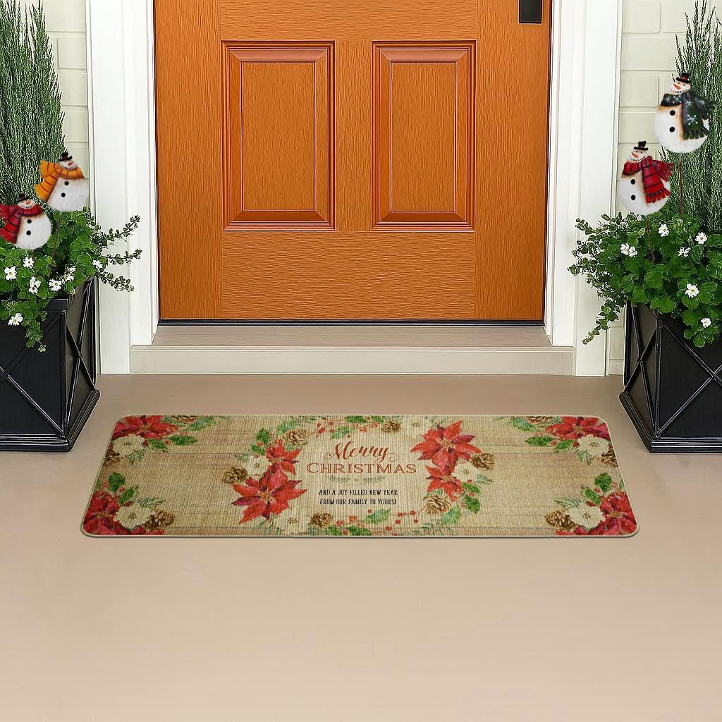 Merry Christmas Decorative Door Mats Holiday Welcome Mats for Front Door Non Slip Rubber Christmas Doormat 47x17.75 Low- Profile Entryway Mat Xmas Holiday Decor (Red Merry Christmas)
