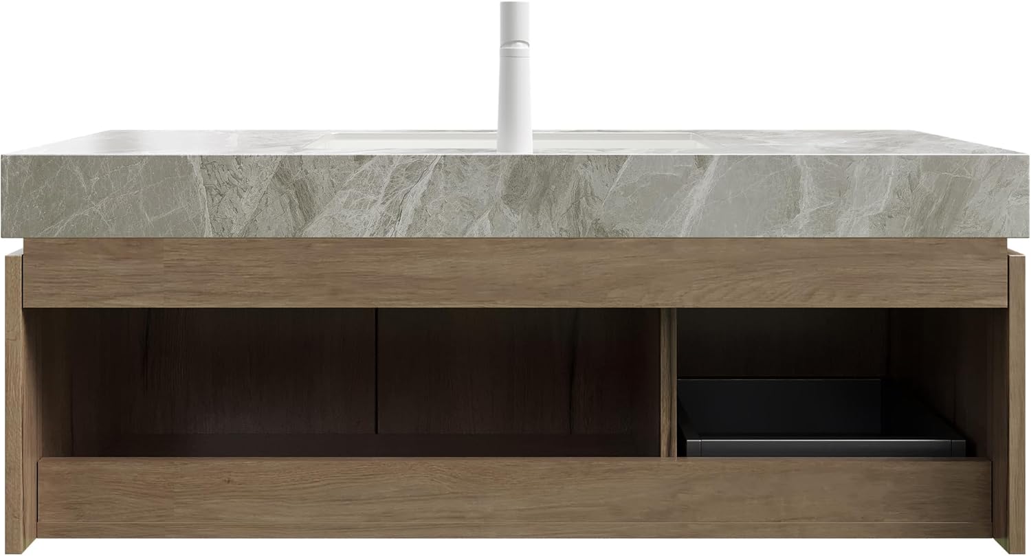Ambrovina 48" Floating Bathroom Vanity with Sink, Modern Plywood Bathroom Storage Cabinet with Drawer and 2 Doors, Gray Sintered Stone Countertop and White Ceramic Basin, Pre-Assembled, Light Oak