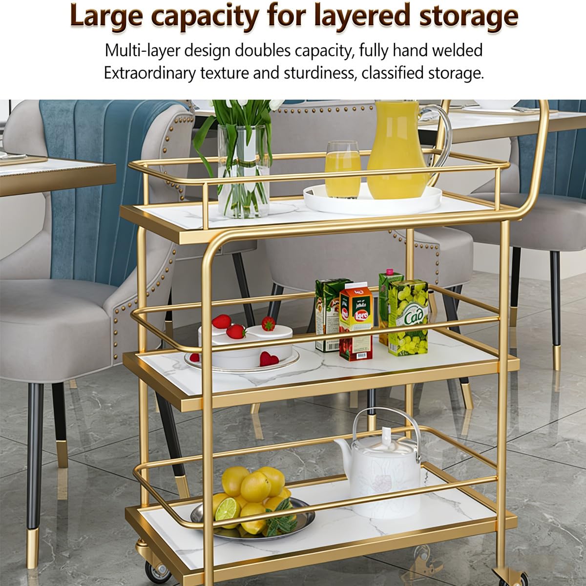 Carrello Bar con parapetto – 3 Ripiani di Servizio su Ruote bloccabili, Bevande Dorate per casa e Feste, Carrello portaoggetti in Legno e Metallo per Cucina