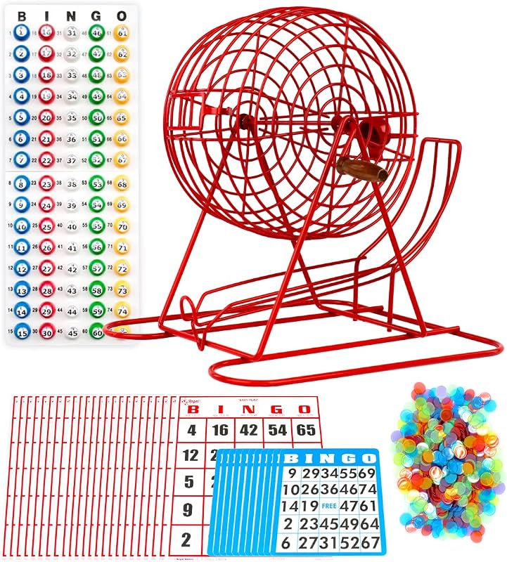 Regal Bingo Red Professional Bingo Game Set with 11" Wheel Cage, 75 Bingo Balls, Master Board, 18 Bingo Cards & 25 Jumbo Reusable Cards, and Colorful Chips - Bingo Games for Adults Large Group