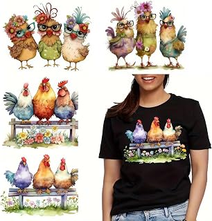 4pcs Christmas Funny Rooster Flower Iron On Transfers for T-Shirts Rub on Transfers Stickers Vinyl Ready to Press Stickers Iron on Decals for T-Shirts Clothing Hoodie DIY Crafts