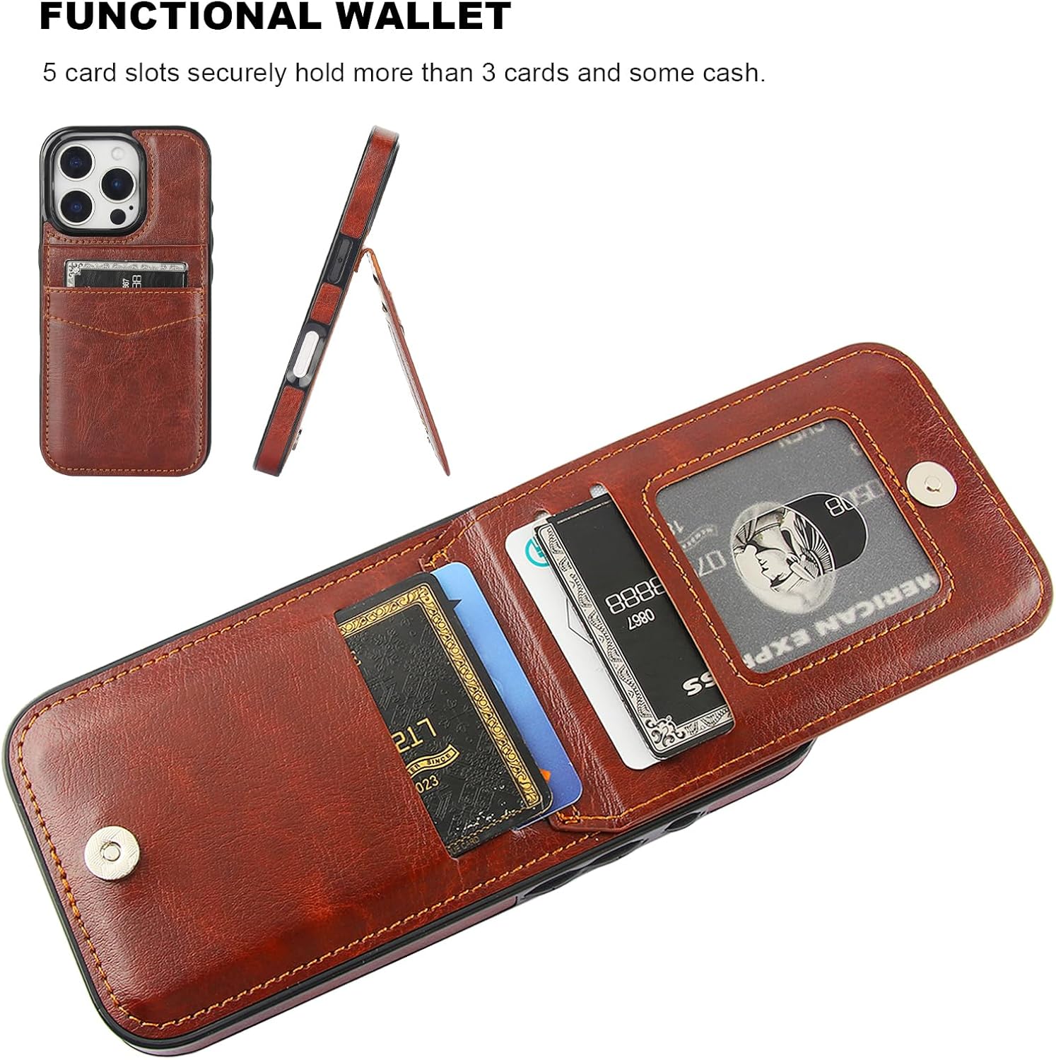 KIHUWEY Compatible with iPhone 16 Pro Case Wallet with Credit Card Holder, Flip Premium Leather Magnetic Clasp Kickstand Heavy Duty Protective Cover for iPhone 16 Pro 6.3 Inch (Brown) - Image 4