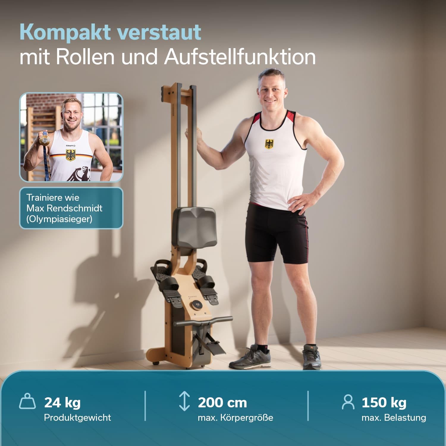 Skandika Rudergerät für Zuhause Torin P6-G | Rudergeräte Krafttraining, mit Eigenantrieb, Rahmen aus Echtholz, Magnetbremse 32 Stufen, Bluetooth & Kinomap App kompatibel, Aufstellfunktion, bis 150 kg