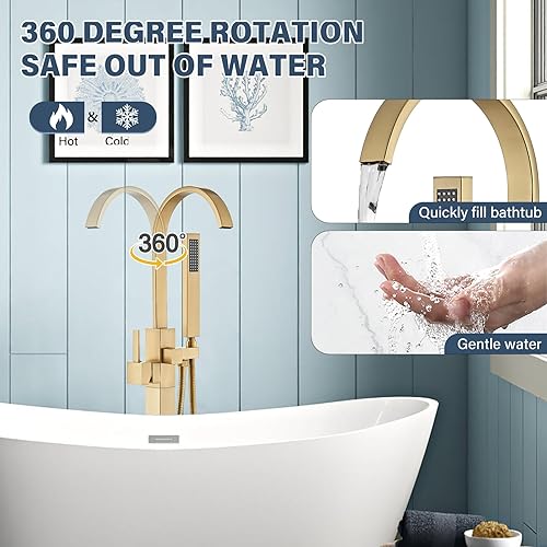 Miniatura 3 de Grifo de bañera de montaje en el suelo, relleno de bañera independiente, acabado cromado, grifo de ducha giratorio de alto flujo con grifos