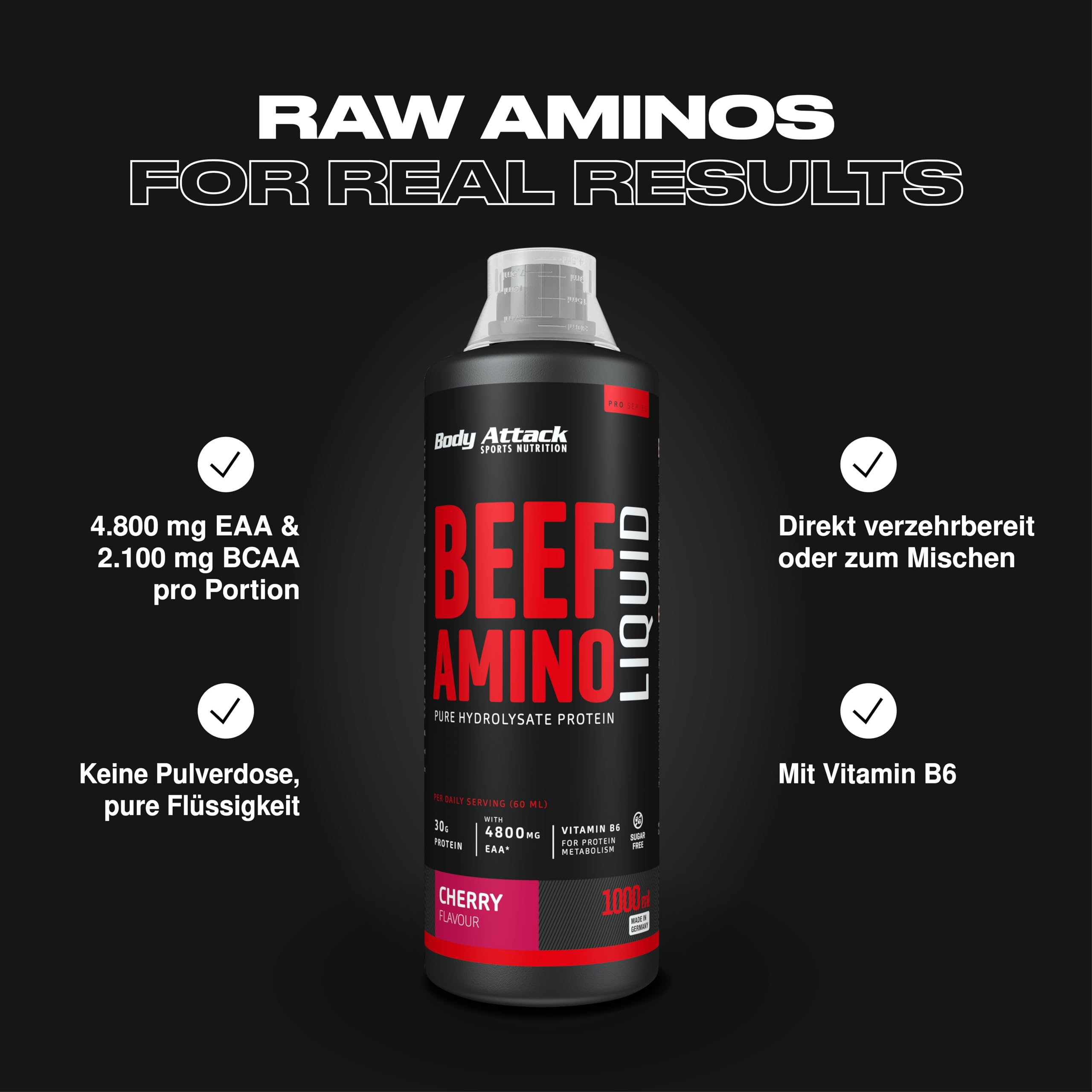 Body Attack Beef Amino Liquid, Kirsche, 1er Pack (1x 1000ml)