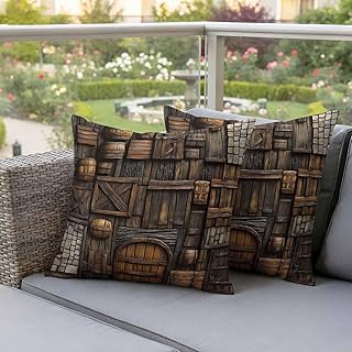 Waterproof Pillow Covers Set of 2,Vintage Medieval Wooden Door Outdoor Pillow Protectors with Zipper Pillowcases for Patio Tent Garden Beach 24x24 Inches Farmhouse Stone