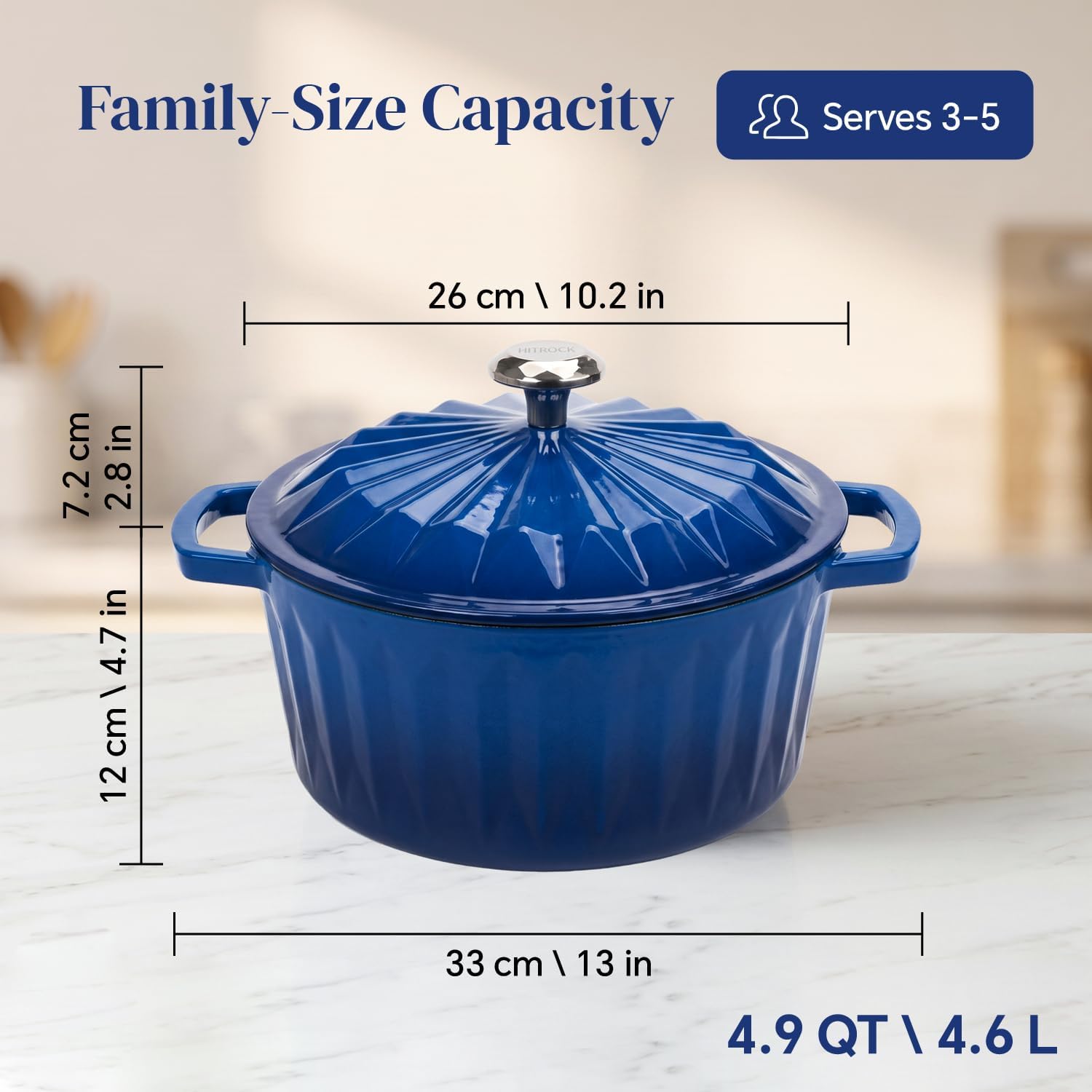 HITROCK Enameled Cast Iron Dutch Oven Pot with Lid,4.9 Quarts Enamel Cast iron Pot with Cotton Potholders for Bread Baking, Braising, Stews, Roasting, Diamond-Inspired Design, Oven Safe up to 500° F, Blue
