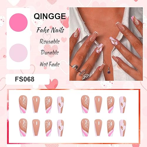 Miniatura 3 de QINGGE Uñas postizas a presión de color rosa con punta francesa brillante, uñas postizas con pegamento, uñas acrílicas para mujer, día de San