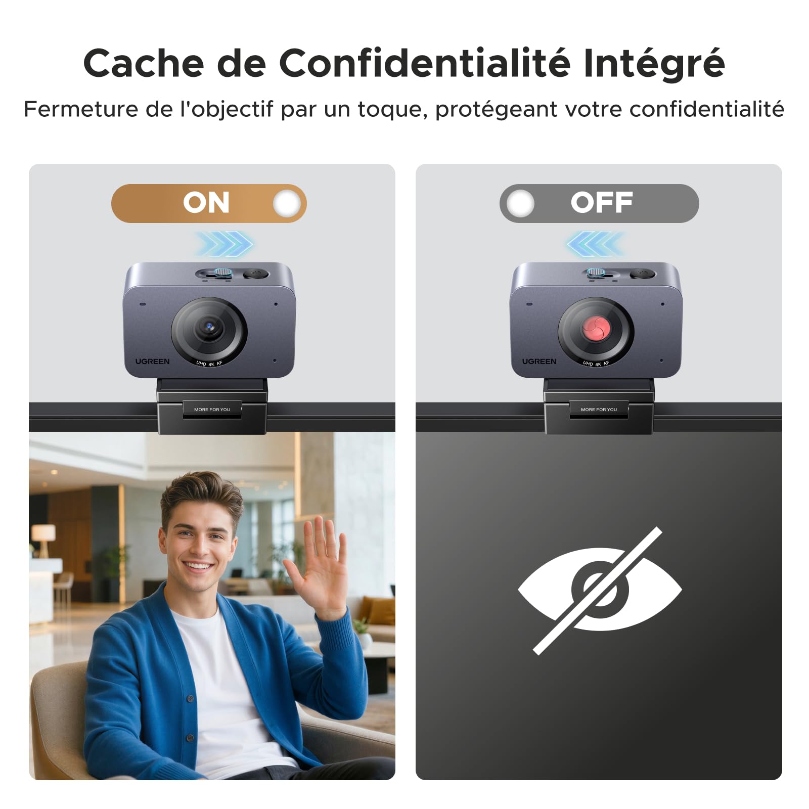 UGREEN FineCam 4K Webcam 30FPS Ultra HD Caméra USB A C PC Autofocus Trépied Métallique Deux Micro Antibruit Face AE Bascule Portrait Paysage pour Windows MacOS Linux Streaming Youtube Skype Appel Zoom