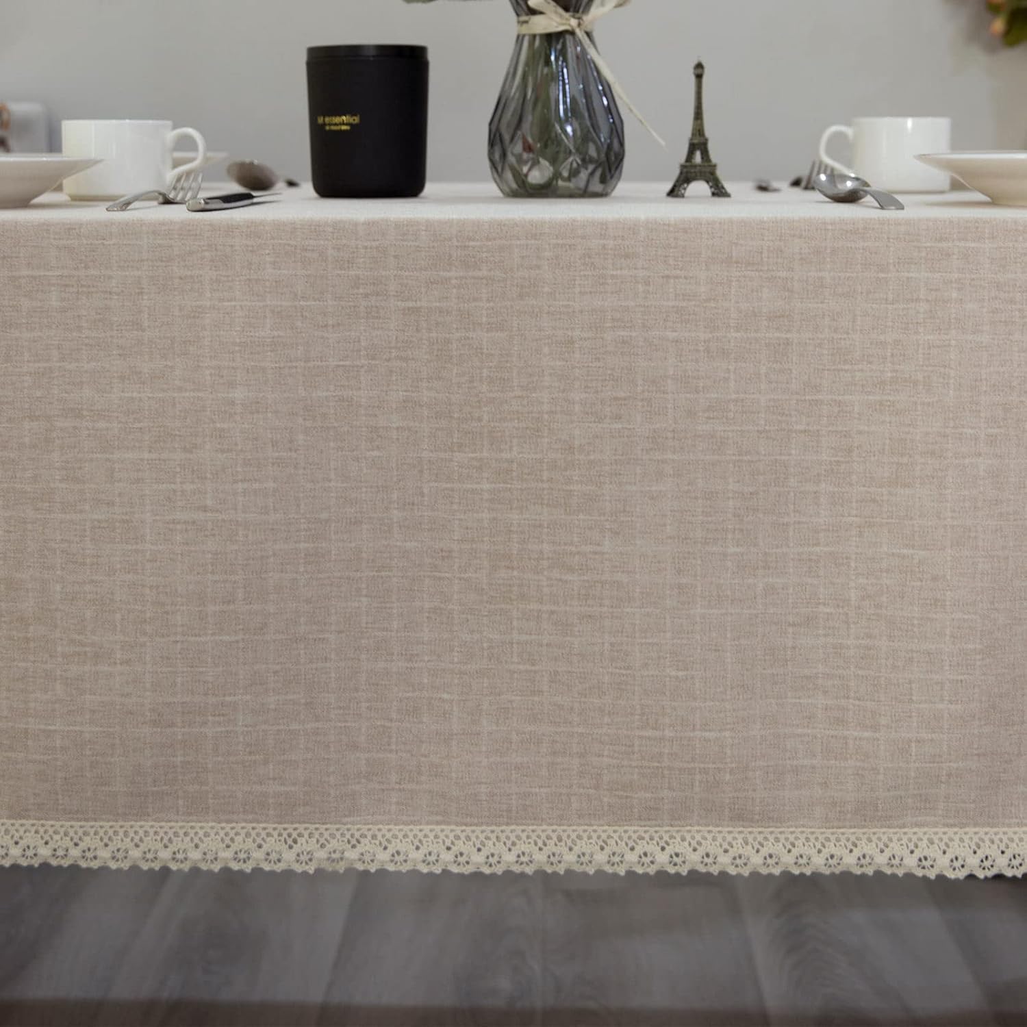 GLORY SEASON Textured Tablecloth Linen-Look Rustic Burlap Style Washable Solid Heavy Weight Lace Trim Rectangle Fabric Table Cloth,Table Cover for Kitchen Dinning Tabletop Decoration55x70 in Beige